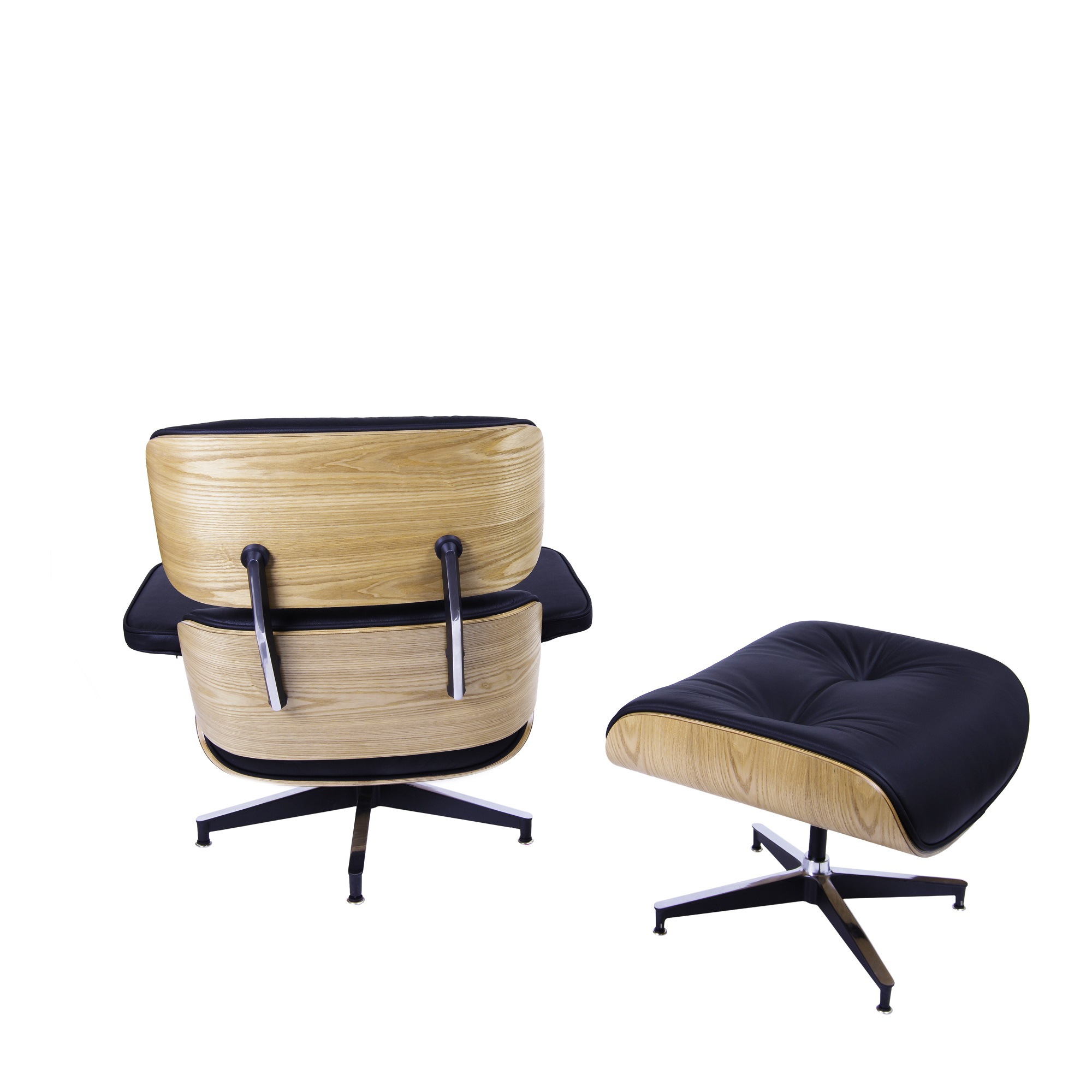 Charles Eames style, Lounge stoel met Hocker EA670 zwart essenhout Zwarte base