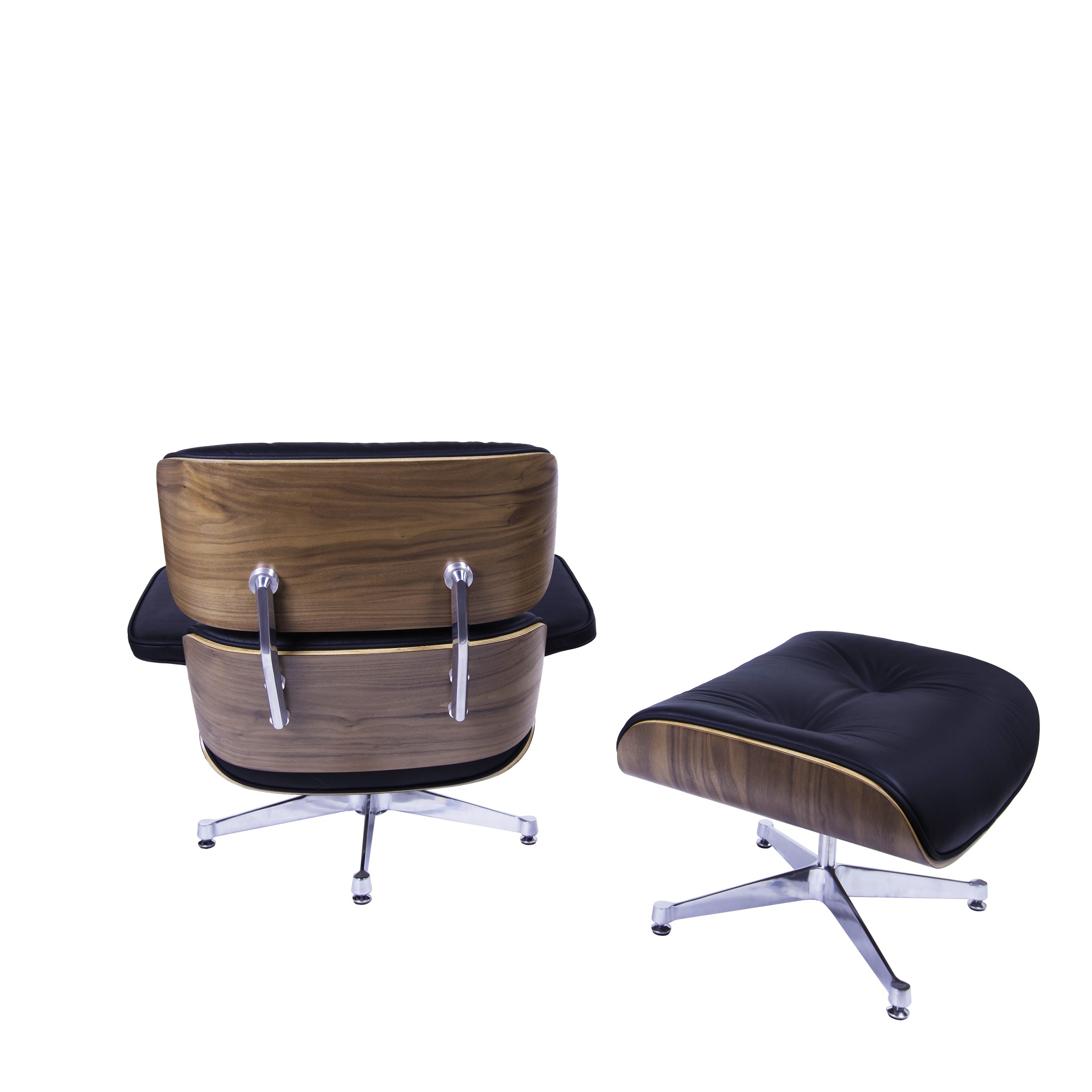 Charles Eames style, Lounge stoel met Hocker EA670 zwart Walnoot Gepolijste voet