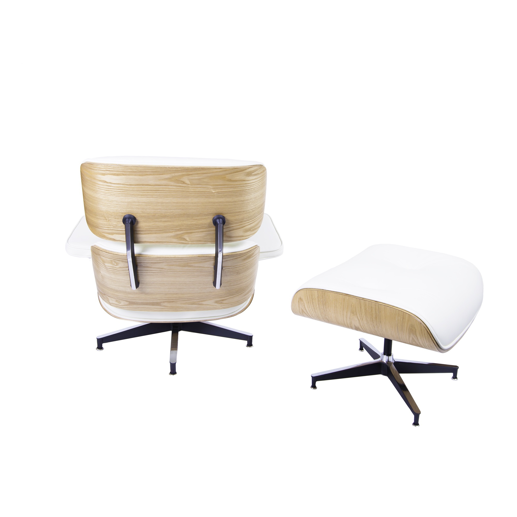 Charles Eames style, Lounge stoel met Hocker EA670 XL creme essenhout Zwarte base