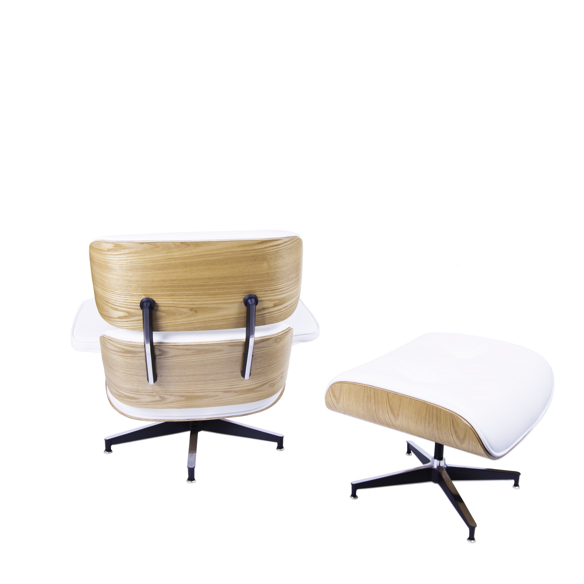 Charles Eames style, Lounge stoel met Hocker EA670 wit essenhout Zwarte base