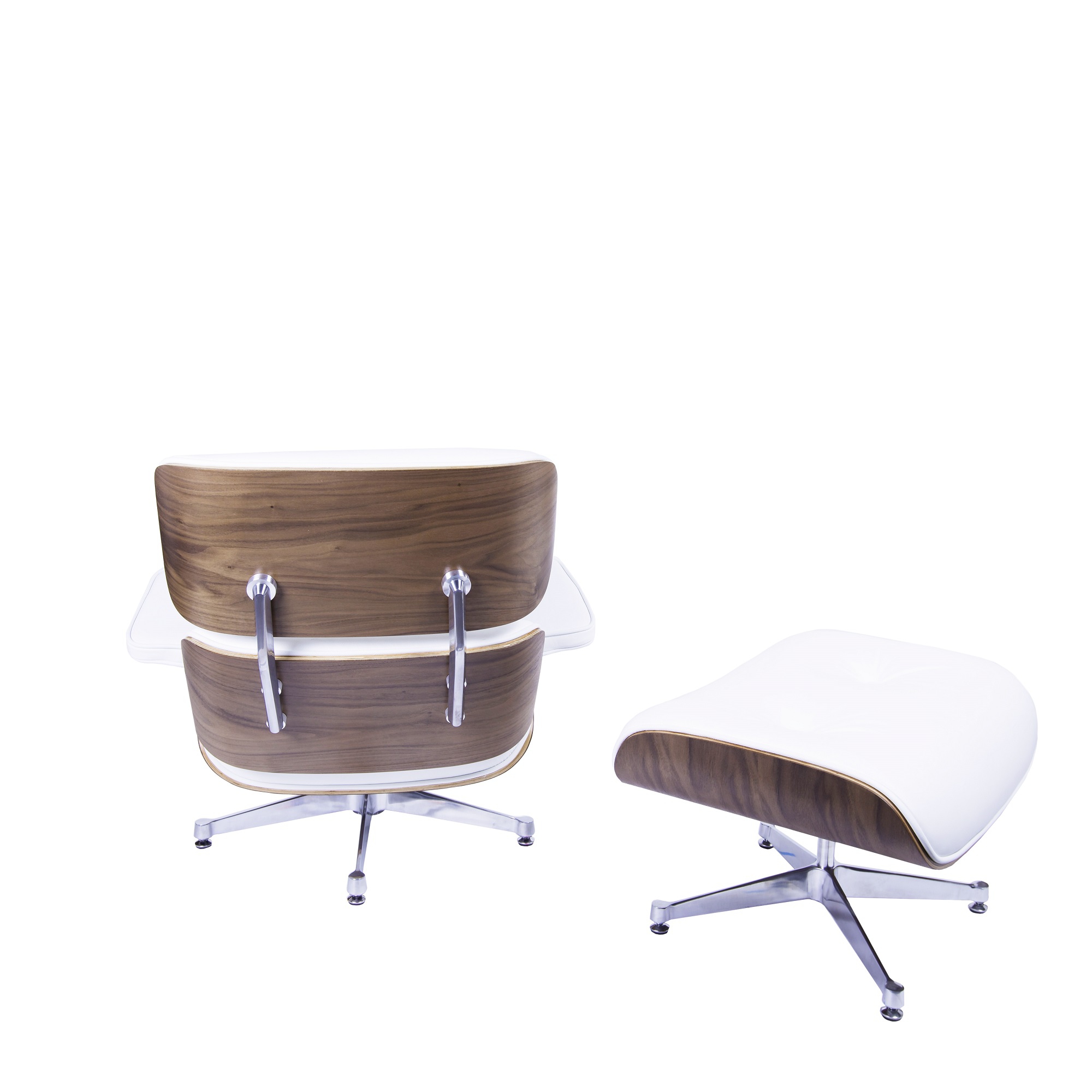 Charles Eames style, Lounge stoel met Hocker EA670 wit Walnoot Gepolijste voet